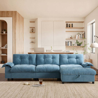 Sectional Sofa with Dual-Port Charging, Cup Holder, Side Storage Pockets, Movable Storage Ottoman