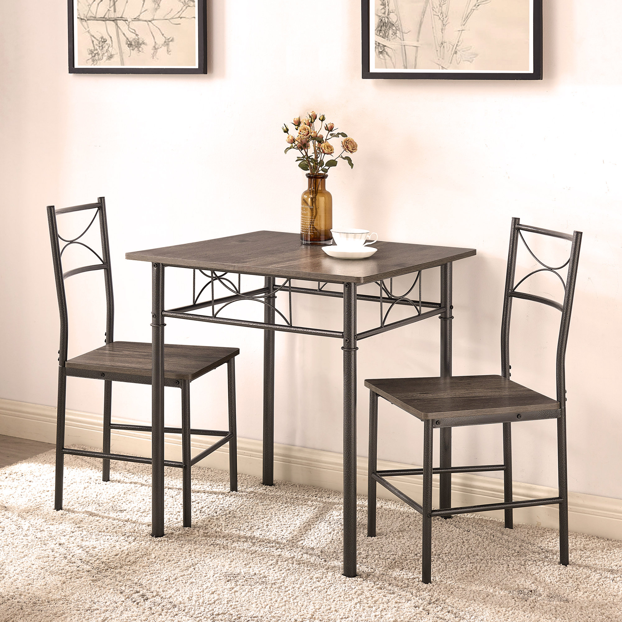 17 Stories 3-Piece Kitchen Dining Room Table Set Grey Chair | Wayfair