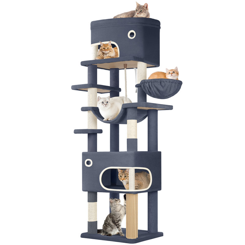 Arbre à chat 79,9 pouces pour chats d'intérieur, poteau à griffes multicouches avec grande plateforme, 2 grottes, 7 poteaux en sisal, pompons, panier à chat, hamac, convient aux chats, gris foncé