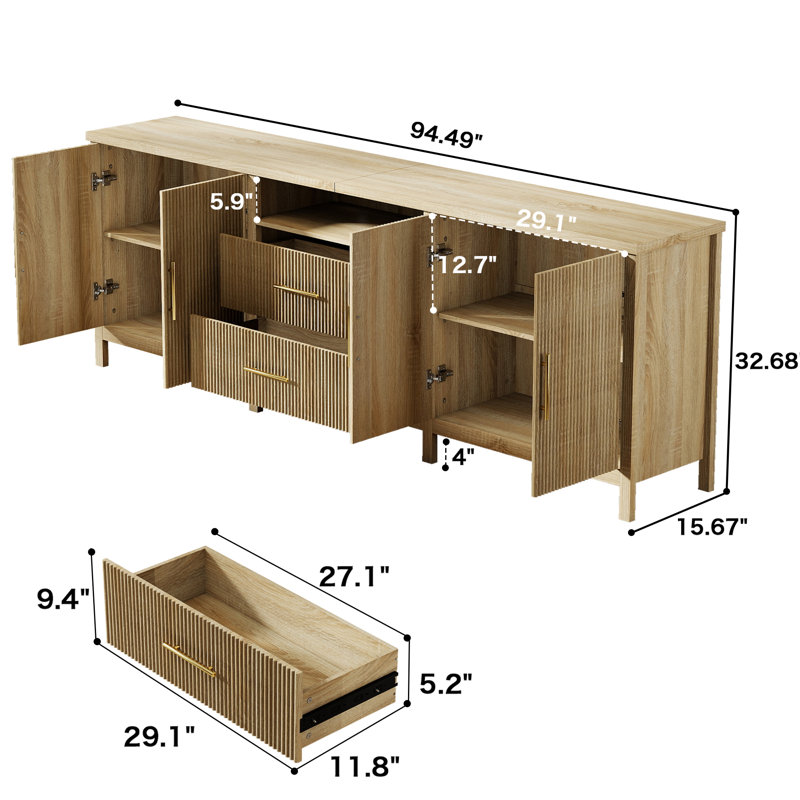Meuble télé 95 po pour téléviseur de 100 po ou moins, meuble audio-vidéo moderne avec armoires de rangement, Natural Wood
