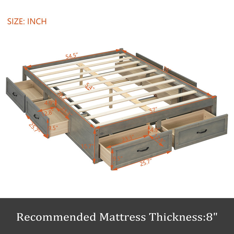Lit plateforme avec 6 tiroirs de rangement, Gris antique, Lit double