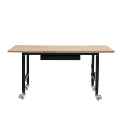 Adjustable Workbench with Power Outlets, 60 x 24 Inch Oak Wood Top, 2000 lbs Capacity, Heavy-Duty Steel Frame with Drawer and Locking Casters for Garage or Workshop