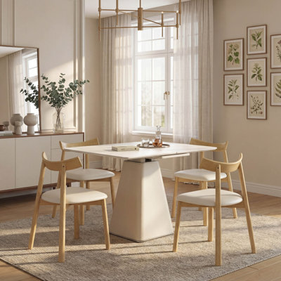Modern Expandable Dining Table Set, 5-Piece with 4 Wooden Leg Chairs and Leather-Wrapped Base, Space Saving for Small Spaces