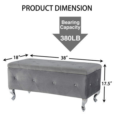 Banc coffre ottoman de rangement en velours capitonné de 98 cm (38,5 po) avec boutons en cristal et pieds en métal, gris