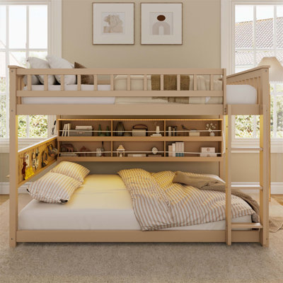 Full Over Full Bunk Bed With Integrated Shelving, Color-Changing LED Lighting, And Functional Pegboard For Space-Smart Sleeping And Organization.