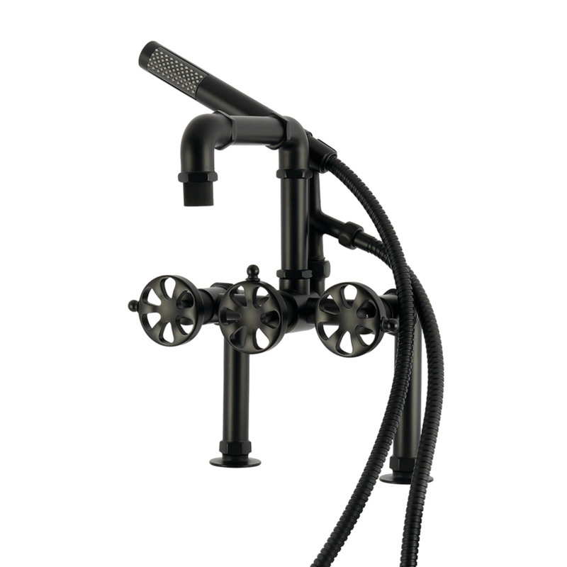 Kingston Belknap Three-Handle 2-Hole Deck-Mount Clawfoot Tub Faucet With Hand Shower, Matte Black