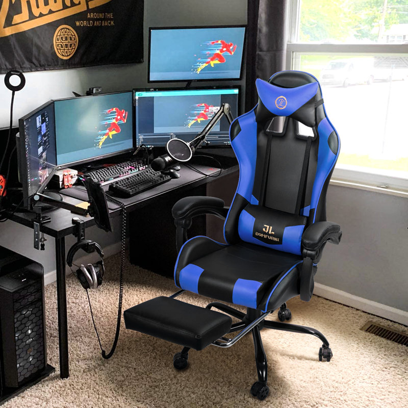 Footrest Gaming Chair with Lumbar Pillow Massage Function, Navy Blue/Black