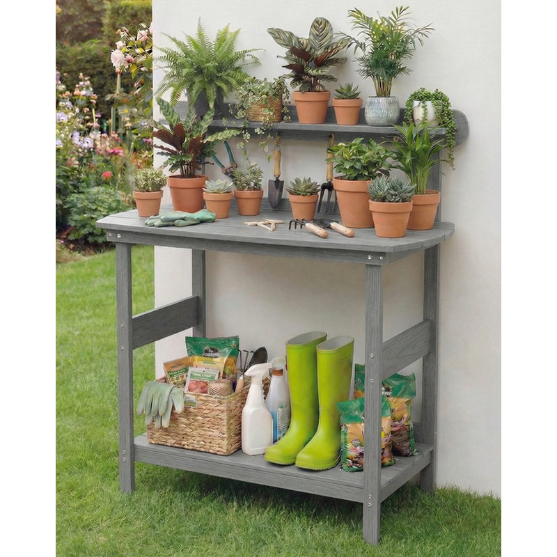 Table de rempotage d'extérieur HIPS, poste de travail de jardin à 3 niveaux avec 4 crochets, table de jardinage tout temps pour cour arrière et terrasse.