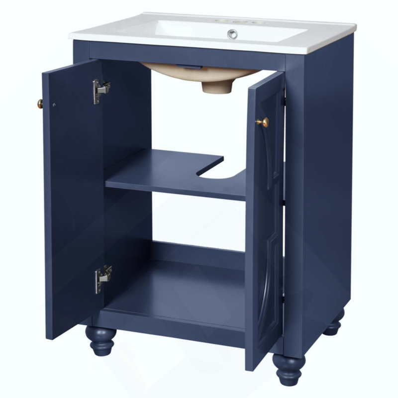 Meuble-lavabo moderne avec motif elliptique orné et charnières à fermeture douce, armoire de salle de bain avec structure ouverte au dos, pieds tournés en boule avec élégance française