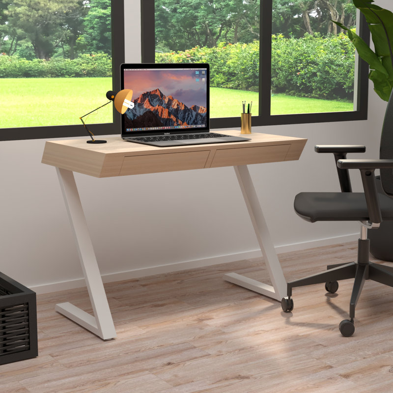 Bross Metal Base Writing Desk, White Oak/White