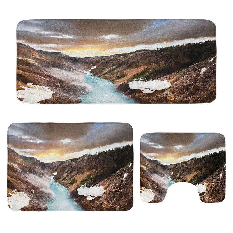  Yellowstone Bathroom Rug Set 3 Pieces U-Shape & Rectangle Mats Brown
