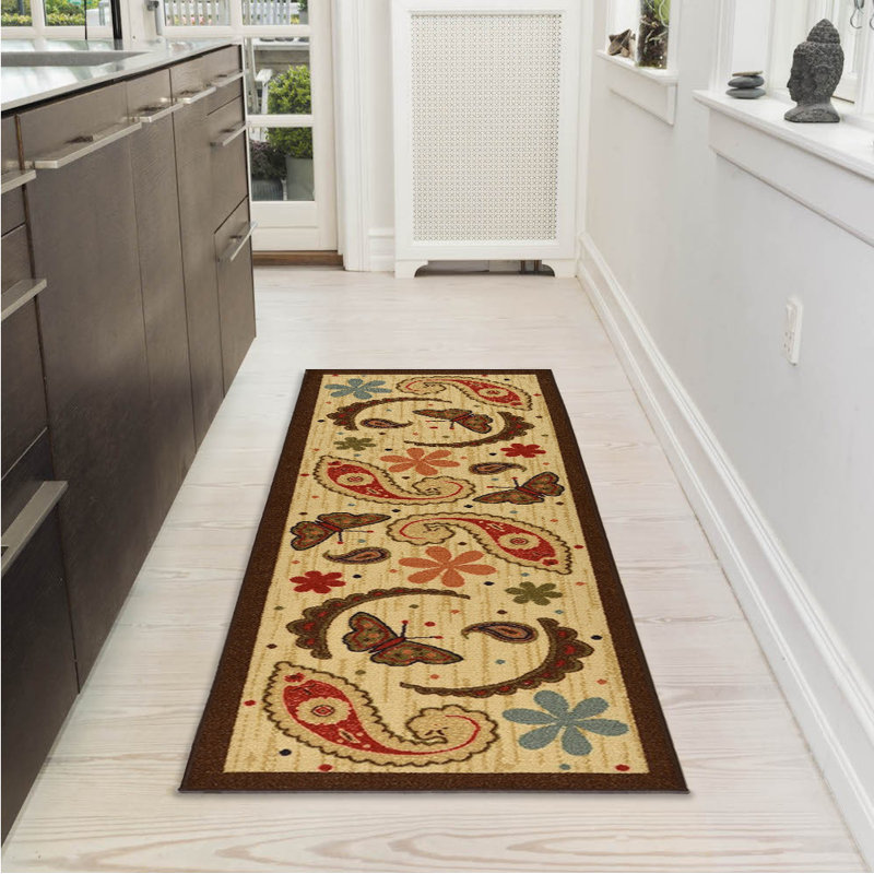 Beige and Red Paisley Non-Slip Kitchen Runner Rug