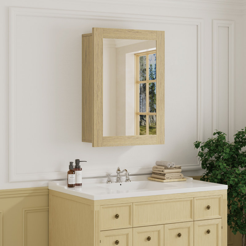 20'' W x 28'' H  Wood Framed Bathroom Medicine Cabinet with Mirror, Adjustable Shelves, Reversible Door, Wall-Mount or Recessed, Oak, Fully Assembled