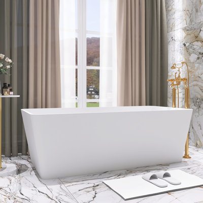 67-Inch Rectangle Freestanding Solid Surface Soaking Bathtub With Drain