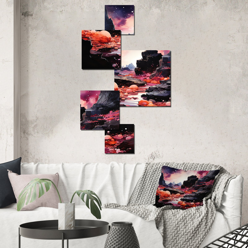 Volcan mauve et noir - ensemble d'art mural carré paysage 5 pièces