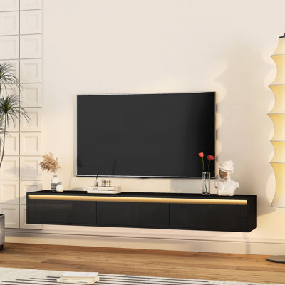 Meuble télé mural avec grande capacité et bloc d'alimentation, meuble noir ultrabrillant pour téléviseurs de 60 à 69 po, tablette fonctionnelle