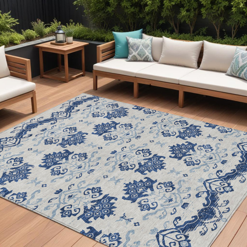 Tapis intérieur / extérieur lavable beige / bleu marine Denim 9 pi x 12 pi HomeRoots