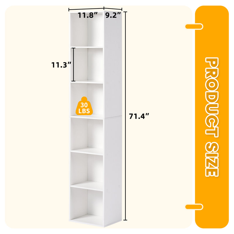 Narielle 11.8"W Narrow Bookcase, (6 Shelves) 71.4"H x 11.8"W x 9.3"D, White