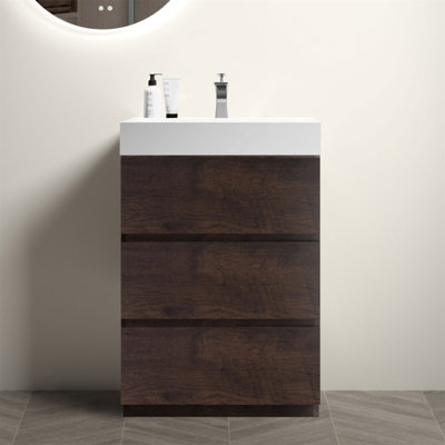 Meuble-lavabo 24 po en noyer avec lavabo une pièce blanc, grand rangement pour salle de bain moderne