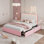 Base de lit tapissier grand format avec 2 tiroirs de rangement - tête de lit double vague, plateforme en velours Princess, lattes en bois et métal robustes, aucun sommier nécessaire, rose et blanc