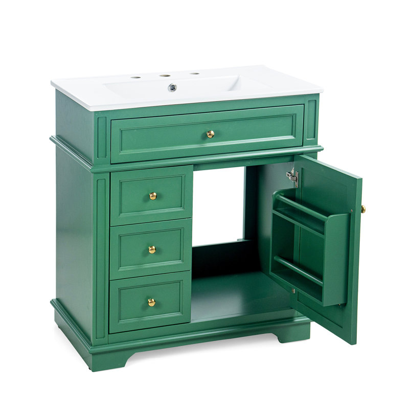 Meuble-lavabo 30 po avec lavabo, un tiroir basculant, trois tiroirs, tablette de porte, porte à fermeture douce, vert