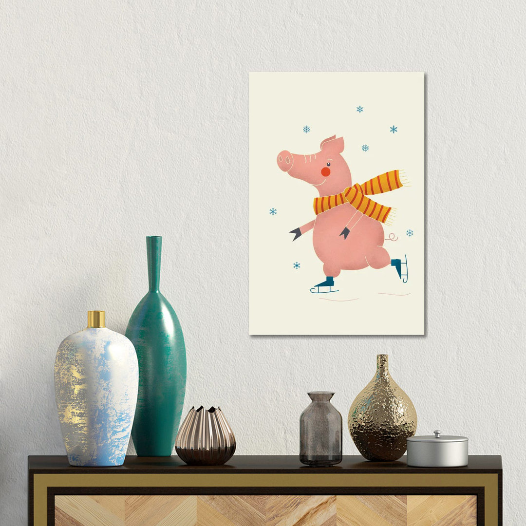 Ice Skating Pig von Show Me Mars - Galerie-verpackte Leinwand Giclée auf Leinwand