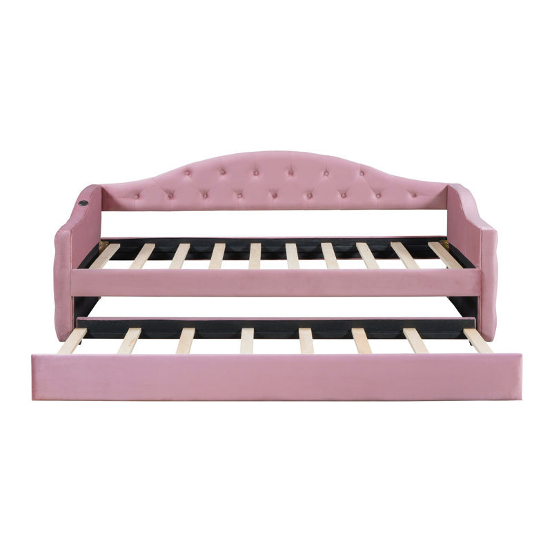 Twin Size Tufted Upholstered Daybed with Trundle ,Velvet Sofabed with USB&Type-C Charging Ports,No Box-spring Needed, Pink(Old SKU:HL000088AAH)