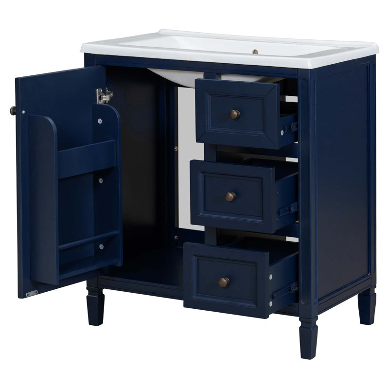 Meuble-lavabo de 30 pouces avec lavabo en résine, trois tiroirs et deux tablettes de porte, Bleu
