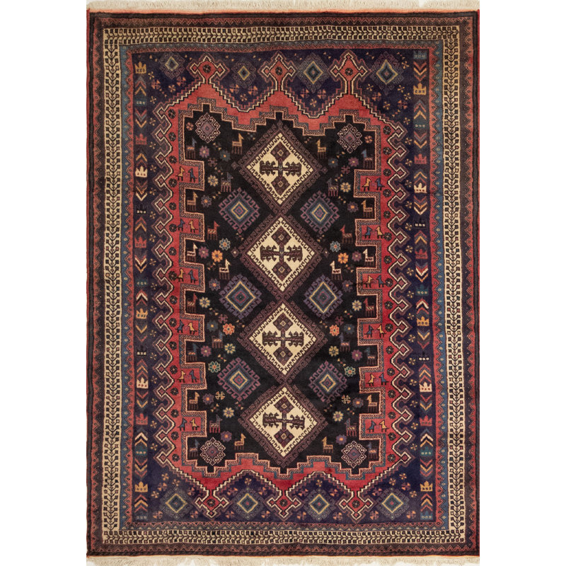 Tapis décoratif en laine de conception unique noué à la main noir/rouge 7 pi 3 po x 9 pi 11 po Fine VTG