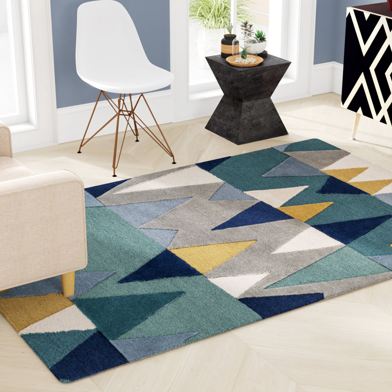 Sandin Geometric Hand-Tufted Wool Teal/Navy/Yellow/Grey Area Rug, Rectangle 5' x 7'6"
