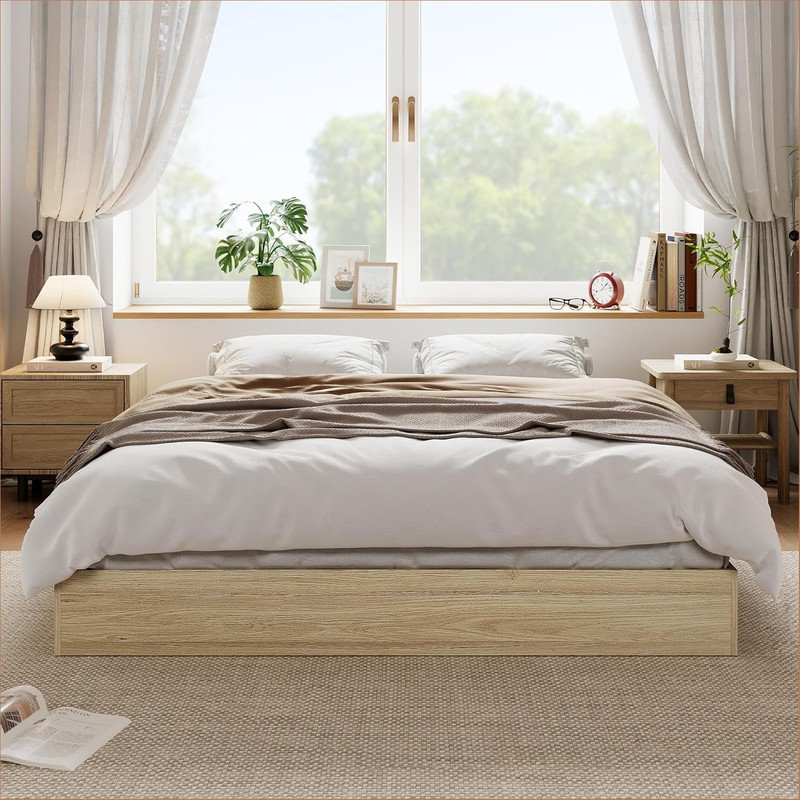 Structure de lit plateforme en bois, lit en bois avec support en lattes de bois et aucun sommier nécessaire, cadre de lit minimaliste facile à assembler sans tête de lit