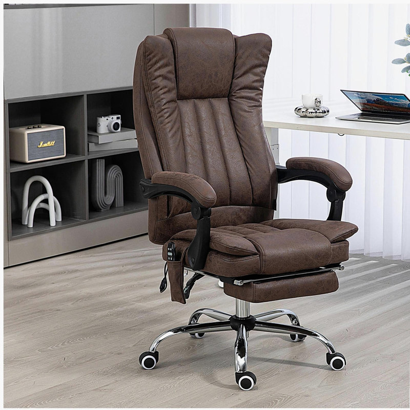 Chaise de bureau en microfibre, chaise d'ordinateur à haut dossier avec massage à 6 points, chaleur, hauteur réglable et repose-pieds rétractable, café