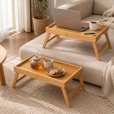 Ensemble de 2 tables-plateaux en bambou, pieds pliants, beige