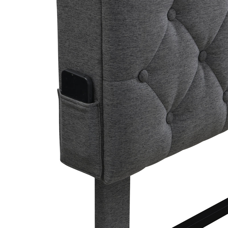 Base de lit plateforme avec tête de lit capitonnée, ports de chargement USB, poches de rangement, Light Grey, Grand lit