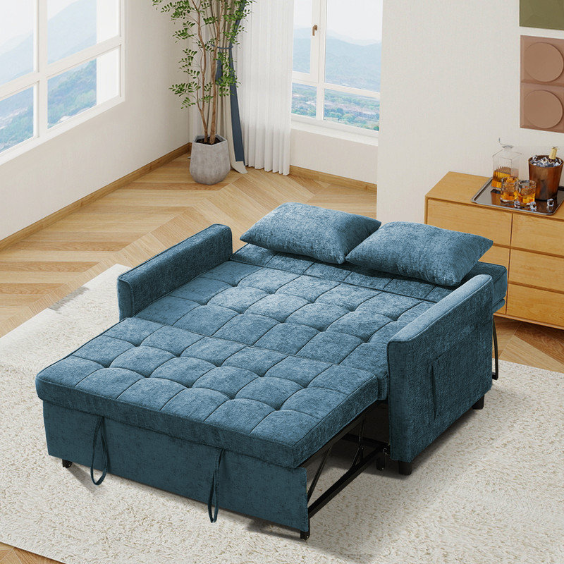 56.9'' Upholstered Convertible Sleeper Sofa with USB and Side Pocket, Blue