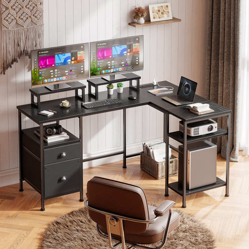 Reversible L-Shaped Corner Computer Desk with Charging Station, File Cabinet, Monitor Stand & Storage, Home Office Workstation