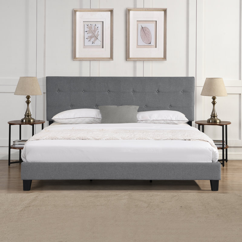 Très grande base de lit tapissier avec tête de lit en tissu capitonné, pas de sommier, support à lattes de bois, assemblage facile, gris