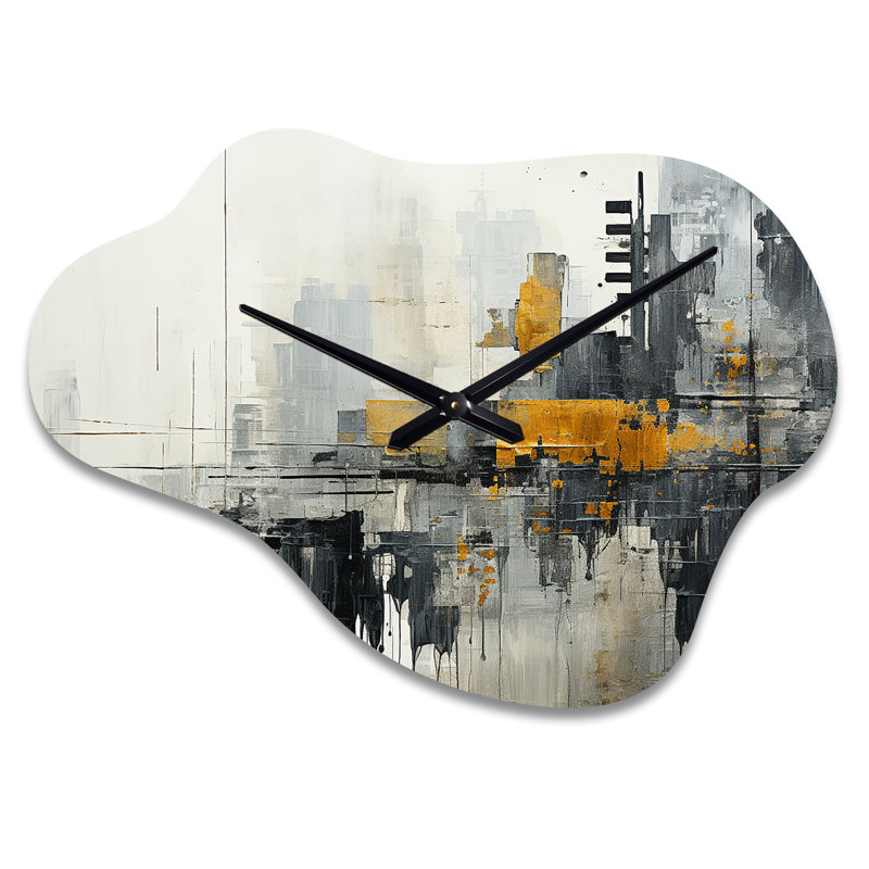 Paysage urbain abstrait III - horloge murale asymétrique en métal avec collage abstrait, Petit