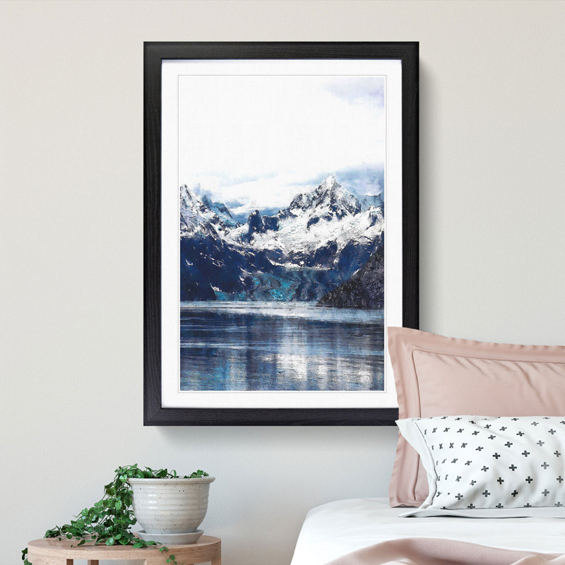 Snow Covered Mountains in Juneau Alaska - Picture Frame Painting Print, 33cm H x 24cm W x 2cm D, Black Framed