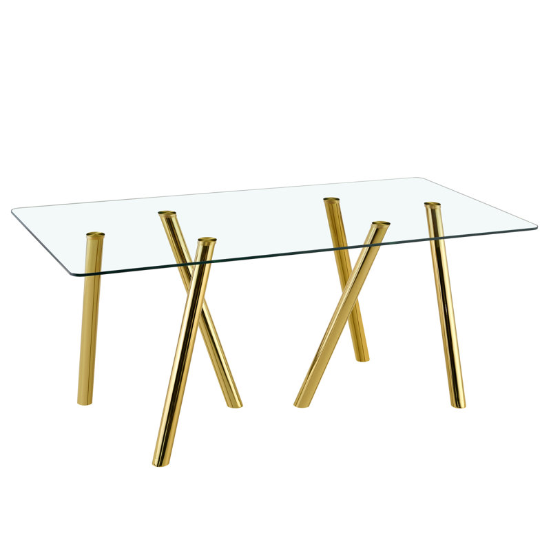 71-Inch Tempered Glass Dining Table With Sturdy Metal Legs, Gold