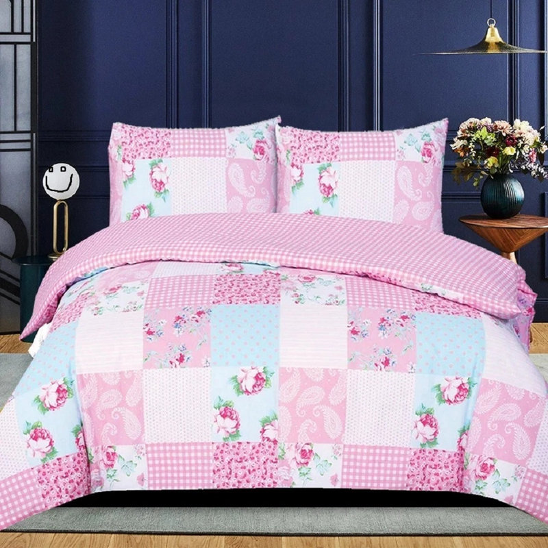 Cotton Patchwork Duvet Cover Set, Single Duvet Cover Set + 2 Additional Pieces, Pink Patchwork