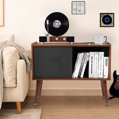 Rustic Walnut+Black Record Player Stand with Charging Station and Sliding Door – Turntable Table with Power Outlet, Vinyl Storage for Up to 300 Albums – Large Cabinet for Living Room, Bedroom, Office