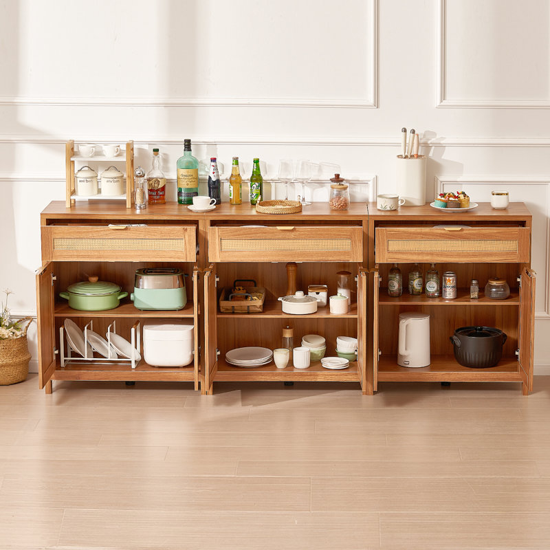 Natural Wood and Rattan Cabinet with Adjustable Shelving