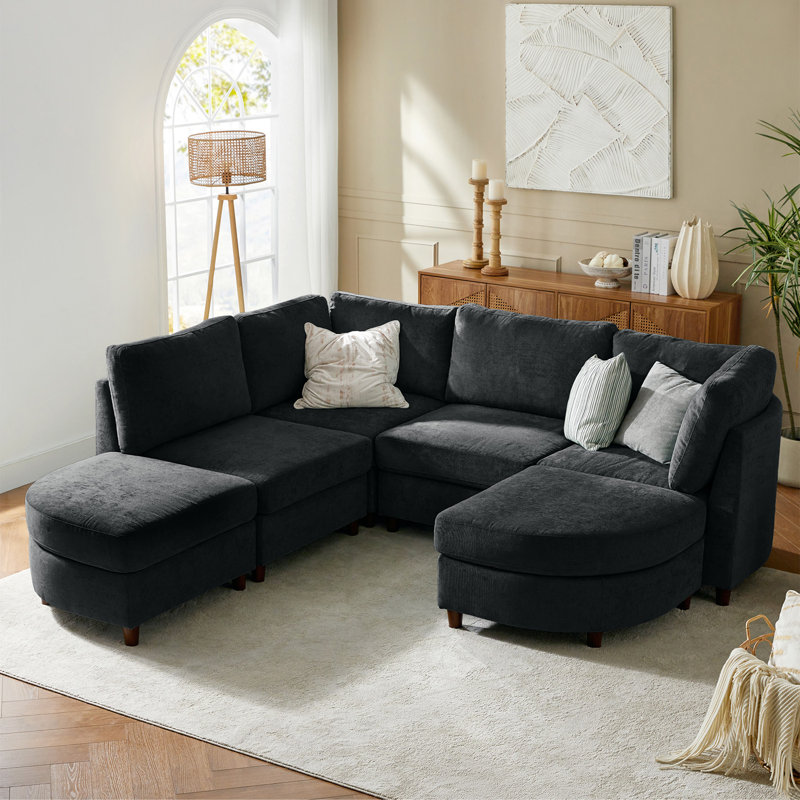 Johannes 6-Seater Chenille Corner Sofa with Under-Seat Storage, Black