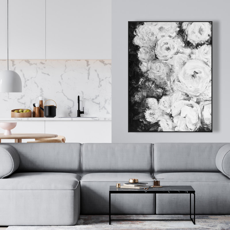 Jardin de roses monochrome - Toile encadrée grise pour le décor de la chambre à coucher