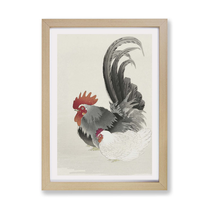 Rooster & Hen by Ohara Koson - Framed Print, 45cm H x 63cm W x 2cm D, Oak
