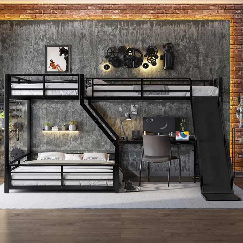L-Shaped Twin XL over Queen Bunk Bed with Slide and USB Ports, Space-saving and Noise-free Design, Black, Queen