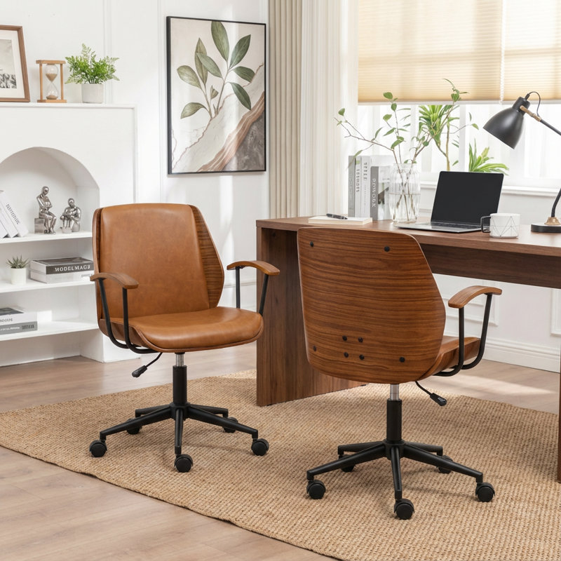 Bryonie Faux Leather Upholstered Office Chair With Bent Wood, Brown