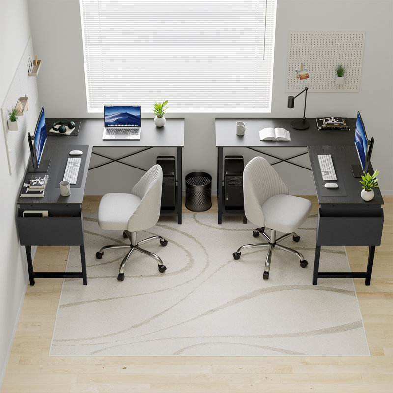 2-Set L-Shaped Computer Desk with Desk Monitor Stand and Side Storage Bag, Black