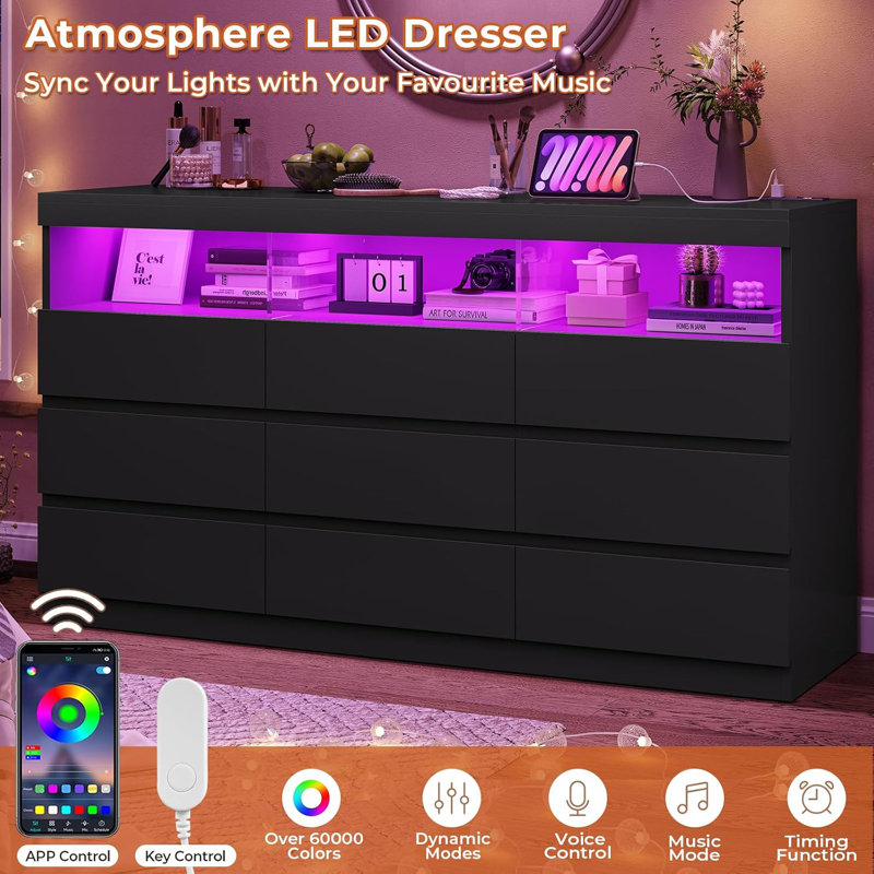 9 Drawer LED Dresser with Charging Station for Bedroom